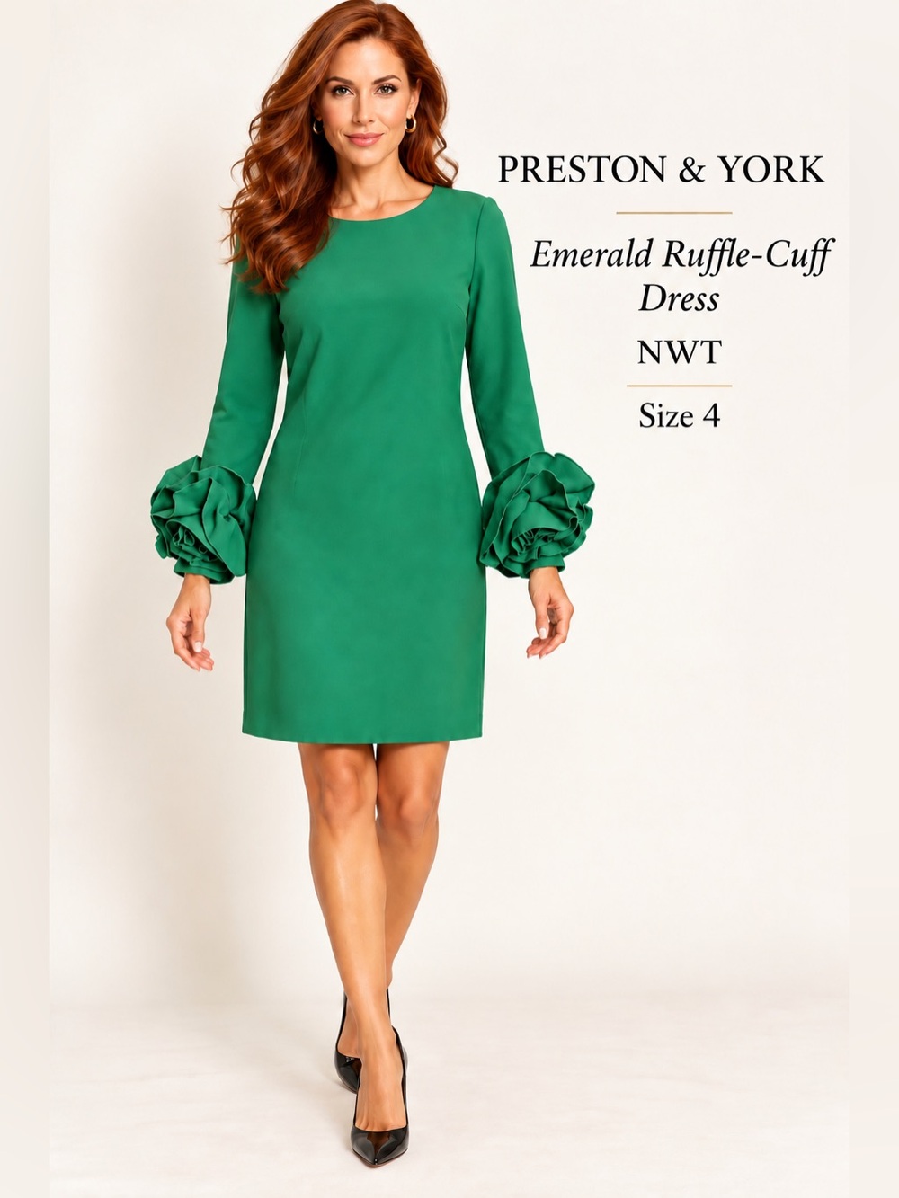 NWT Preston & York Emerald Green Ruffle Cuff Shift Dress Size 4